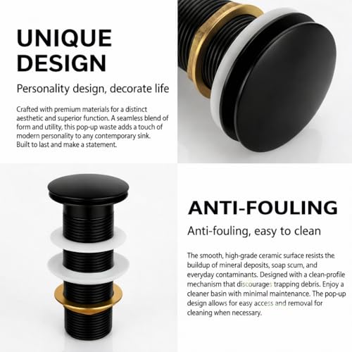 BASSINO Premium 5 Inch Brass Waste Coupling/Washbasin Drainer/Rust-Proof Pop-Up for Basin/Drain Stopper for Tabletop, Wall-Mount & Pedestal Wash Basins(Matt Black) - Image 4