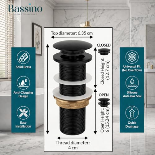 BASSINO Premium 5 Inch Brass Waste Coupling/Washbasin Drainer/Rust-Proof Pop-Up for Basin/Drain Stopper for Tabletop, Wall-Mount & Pedestal Wash Basins(Matt Black) - Image 3