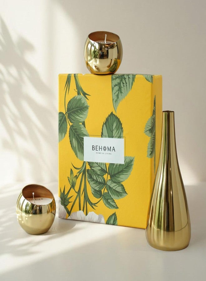 BEHOMA Luxury Home Décor Combo Gift Set | Metal Scented Candle Set of 2 with Golden Decorative Flower Vase | Premium Table Décor for Living Room | Housewarming, Wedding & Festive Gift Set - Image 1