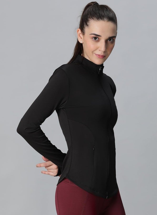ATHLISIS Women’s Full Zip Training Jacket with MockCollar & Thumbhole Sleeves | Quick-Dry, Stretchable, Lightweight Activewear for Gym, Yoga, Running & Sports (IN, Alpha, L, Regular, Black) - Image 3