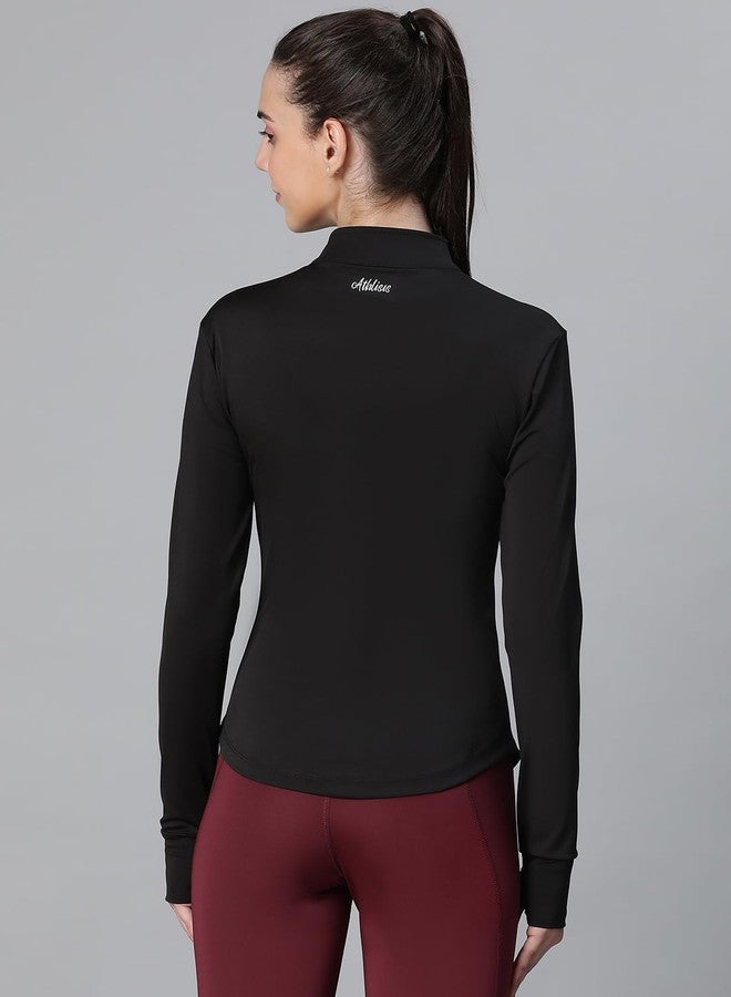 ATHLISIS Women’s Full Zip Training Jacket with MockCollar & Thumbhole Sleeves | Quick-Dry, Stretchable, Lightweight Activewear for Gym, Yoga, Running & Sports (IN, Alpha, L, Regular, Black) - Image 4