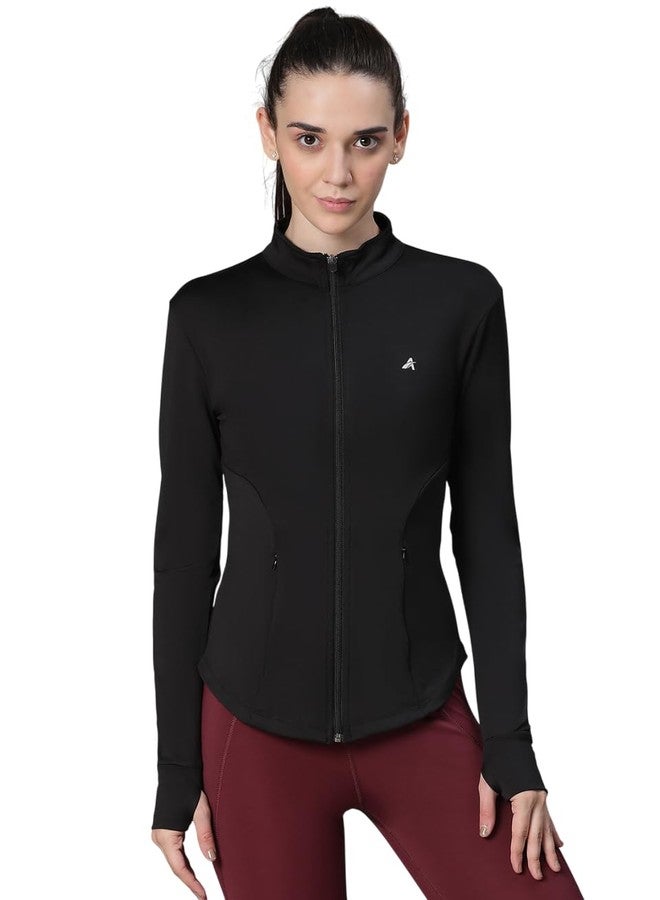 ATHLISIS Women’s Full Zip Training Jacket with MockCollar & Thumbhole Sleeves | Quick-Dry, Stretchable, Lightweight Activewear for Gym, Yoga, Running & Sports (IN, Alpha, L, Regular, Black) - Image 1