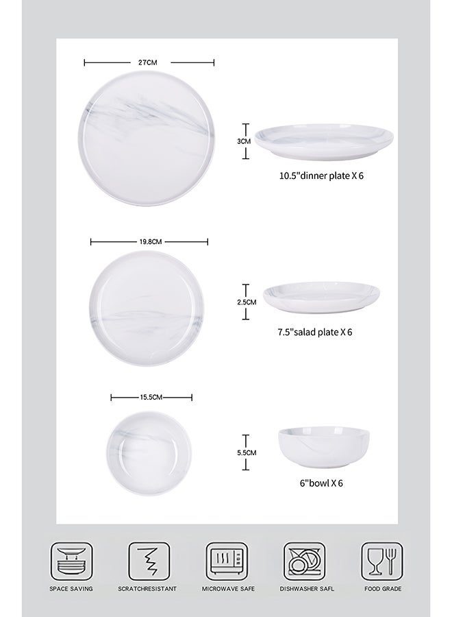 Noon East 18 piece Porcelain Dinnerware Set, Set for 6, Microwave & Dishwasher Safe, Marble White Design - Image 3
