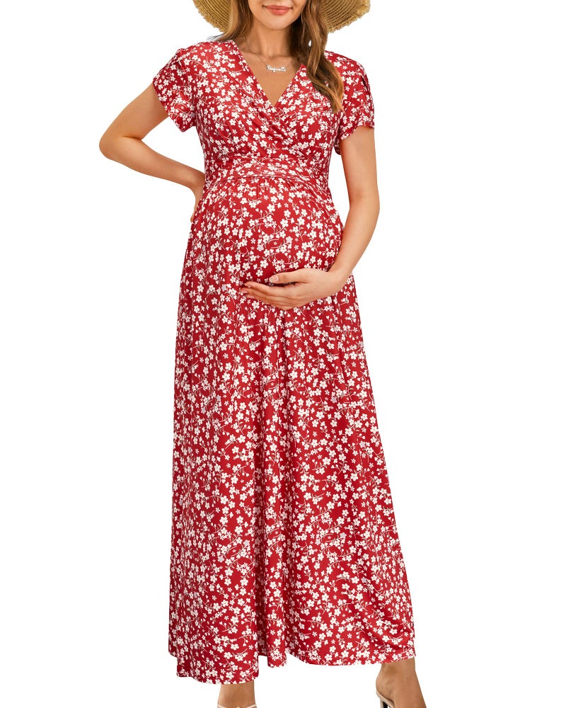 OUGES Maternity Maxi Dress Wrap Baby Shower Pregnancy Dresses for Photoshoot Maternity Outfits Summer Clothes 2026(Floral-2,L) - Image 1