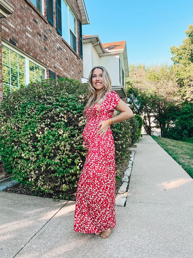 OUGES Maternity Maxi Dress Wrap Baby Shower Pregnancy Dresses for Photoshoot Maternity Outfits Summer Clothes 2026(Floral-2,L) - Image 3