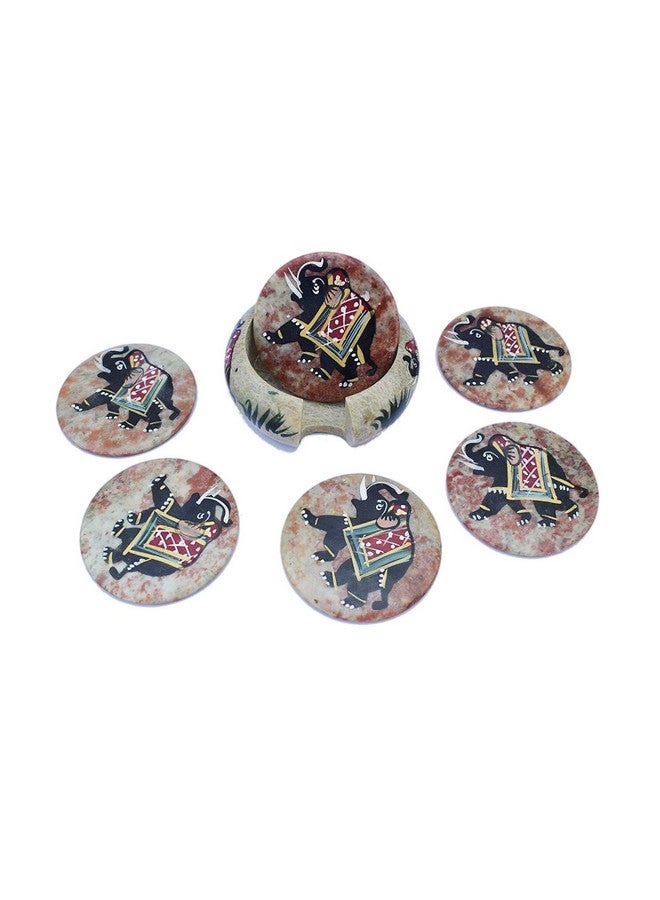 Purpledip Soapstone Coaster Set: Handmade Indian Gift with Elephant Carving (10593) - Image 2