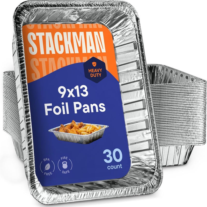 Stack Man Aluminum Pans 9x13 Disposable Aluminum Foil Pans [30-Pack] Large Baking Pan Trays - Heavy Duty Tin Tray Half Size Chafing Dishes. Food Containers for Roasting, Cooking, Heating or Steam Table - Image 1