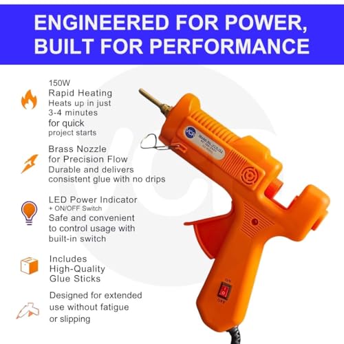 VCR 150W Professional Hot Melt Glue Gun Long Nozzle - Triple Power Rapid Heating Gun with ON/Off Switch for Precise Glue Output - Easy To Use Glue Gun + 40 Transparent - 11mm Glue Sticks - VCR 152 - Image 4