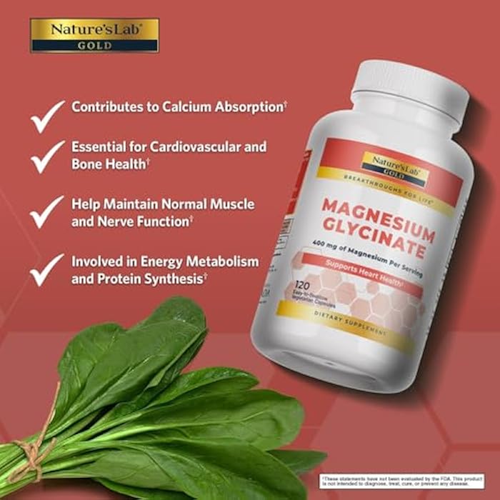 Nature's Lab Nature’s Lab Gold Magnesium Glycinate 400mg - Supports Cardiovascular Health, Muscle & Nerve Function* – 120 Capsules (30 Day Supply) - Image 2