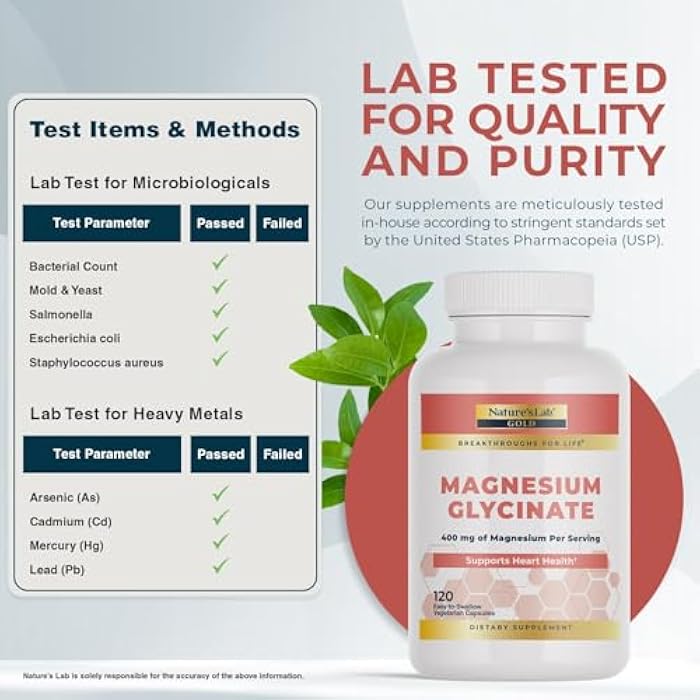 Nature's Lab Nature’s Lab Gold Magnesium Glycinate 400mg - Supports Cardiovascular Health, Muscle & Nerve Function* – 120 Capsules (30 Day Supply) - Image 5