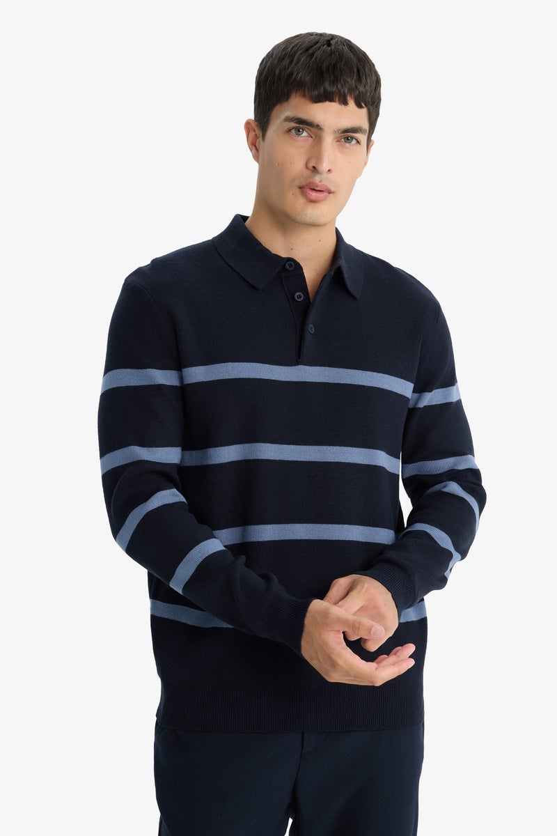 DeFacto Blue Man Standard Fit Polo Neck Striped Knit Pullover Casual - Image 3
