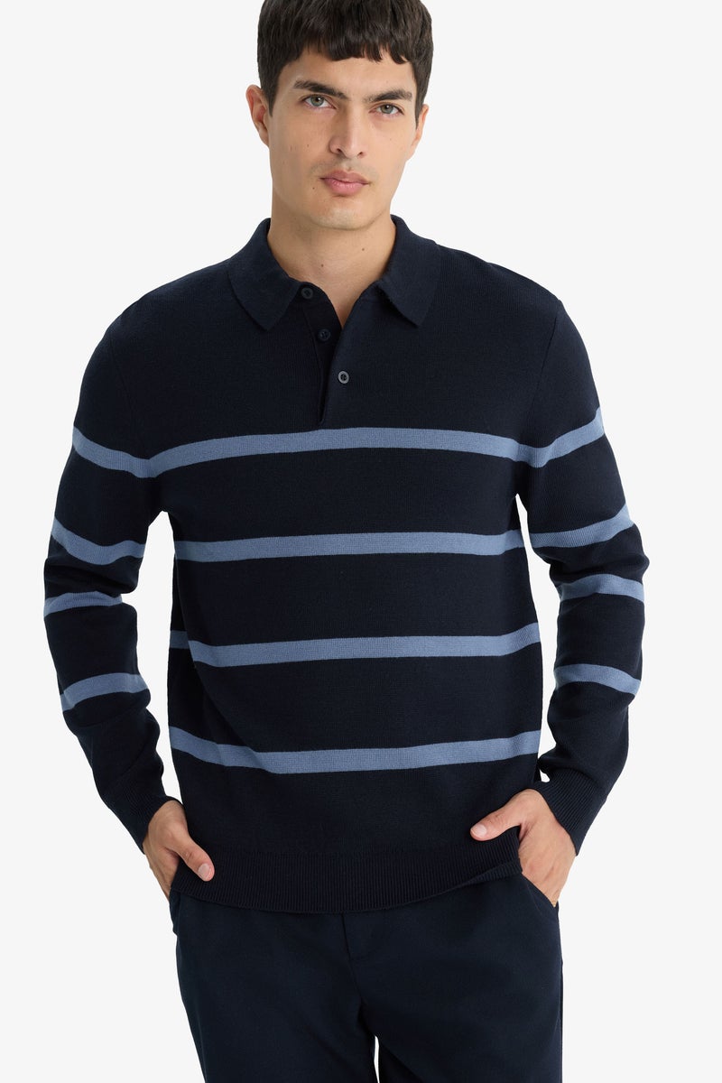 DeFacto Blue Man Standard Fit Polo Neck Striped Knit Pullover Casual - Image 1