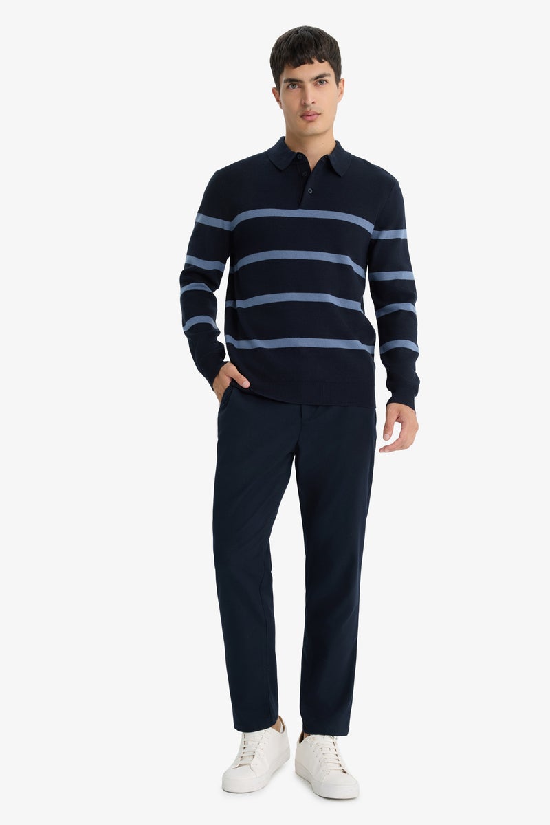 DeFacto Blue Man Standard Fit Polo Neck Striped Knit Pullover Casual - Image 2