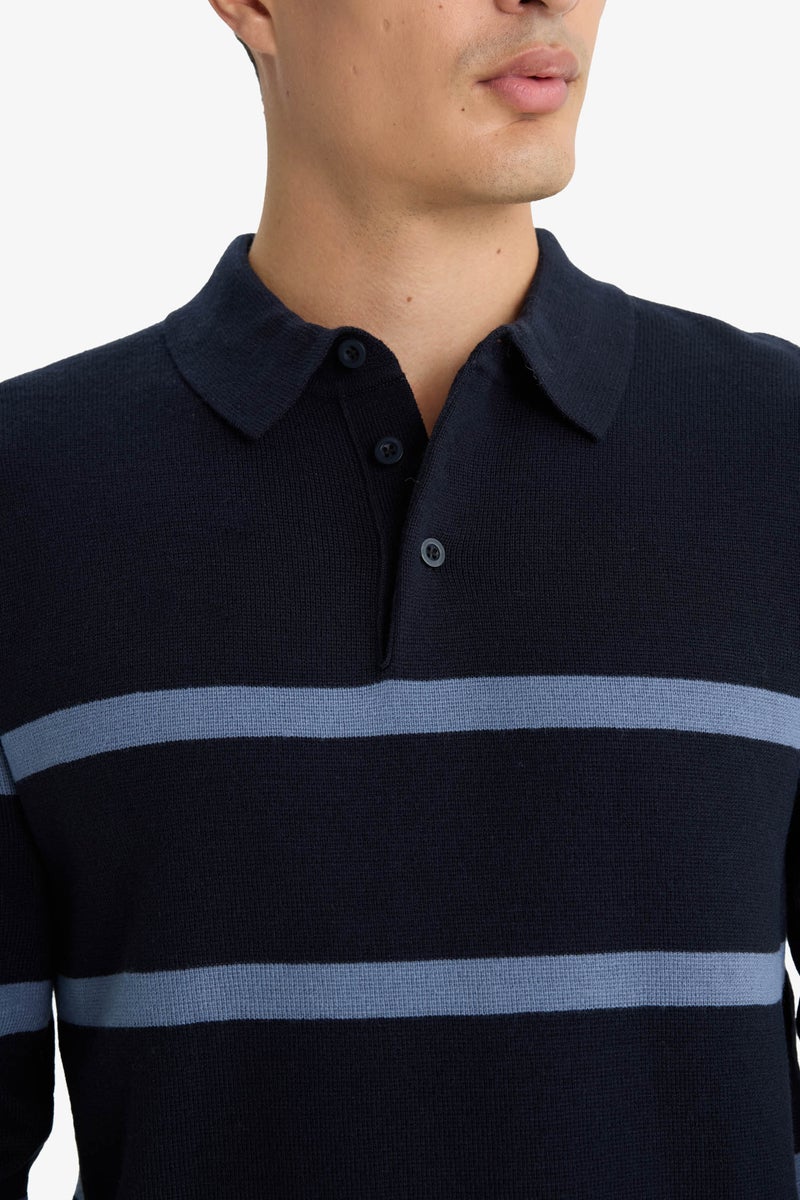 DeFacto Blue Man Standard Fit Polo Neck Striped Knit Pullover Casual - Image 5