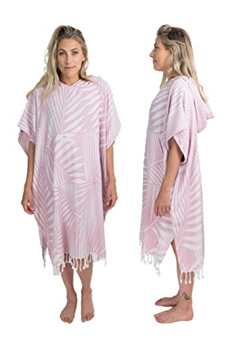 Nova Blue Towel Poncho – Tropical Pink Palm Leaves Swimsuit Coverup – Hooded Bathing Suit Coverup (33 x 37) – 100% Turkish Cotton Quick Dry Towel Dress for Beach & Pool - Image 1