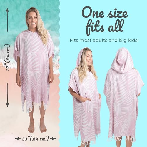 Nova Blue Towel Poncho – Tropical Pink Palm Leaves Swimsuit Coverup – Hooded Bathing Suit Coverup (33 x 37) – 100% Turkish Cotton Quick Dry Towel Dress for Beach & Pool - Image 3