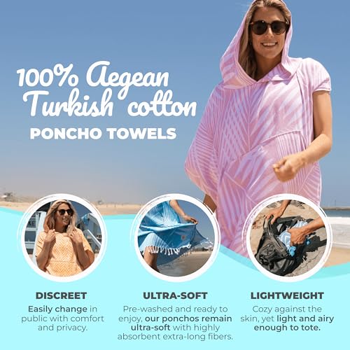 Nova Blue Towel Poncho – Tropical Pink Palm Leaves Swimsuit Coverup – Hooded Bathing Suit Coverup (33 x 37) – 100% Turkish Cotton Quick Dry Towel Dress for Beach & Pool - Image 2