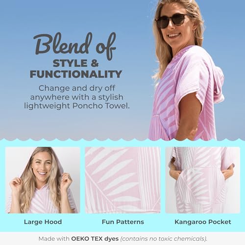 Nova Blue Towel Poncho – Tropical Pink Palm Leaves Swimsuit Coverup – Hooded Bathing Suit Coverup (33 x 37) – 100% Turkish Cotton Quick Dry Towel Dress for Beach & Pool - Image 4