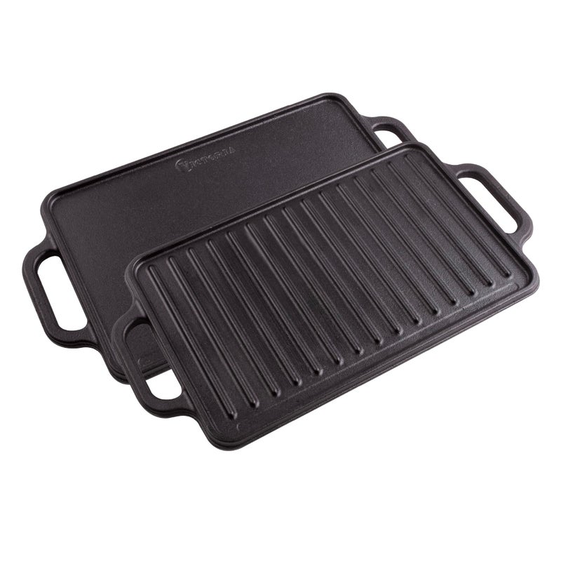 Victoria Rectangular Cast Iron Griddle. Double Burner Griddle, Reversible Griddle Grill, 13 x 8.5 Inch, Seasoned with 100% Kosher Certified Non-GMO Flaxseed Oil, Model: GDL-189 - Image 1