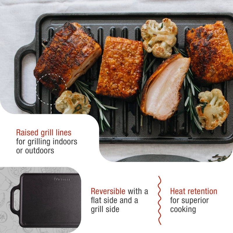 Victoria Rectangular Cast Iron Griddle. Double Burner Griddle, Reversible Griddle Grill, 13 x 8.5 Inch, Seasoned with 100% Kosher Certified Non-GMO Flaxseed Oil, Model: GDL-189 - Image 5