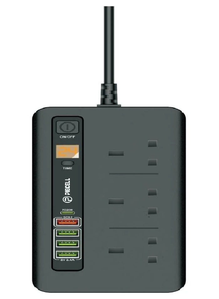 بايسيل شريط طاقة متعدد الاستخدامات بطول 5 أمتار مع مؤقت 3000 وات، 3 منافذ طاقة + 4 منافذ USB + منفذ Type-C بقوة 20 وات مع مفتاح تشغيل/إيقاف - Image 1