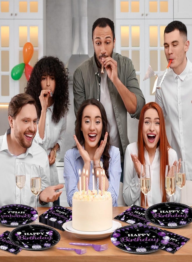 Justforjoyful 96 قطعة من زينة عيد الميلاد باللونين البنفسجي والأسود، طقم أدوات مائدة لحفلات أعياد الميلاد، يتضمن أطباقًا ومناديل ورقية للاستخدام مرة واحدة باللونين البنفسجي والأسود، مناسب للنساء والفتيات والرجال، لتزيين حفلات استقبال المولود الجديد، يكفي لـ 24 شخصًا. - Image 5