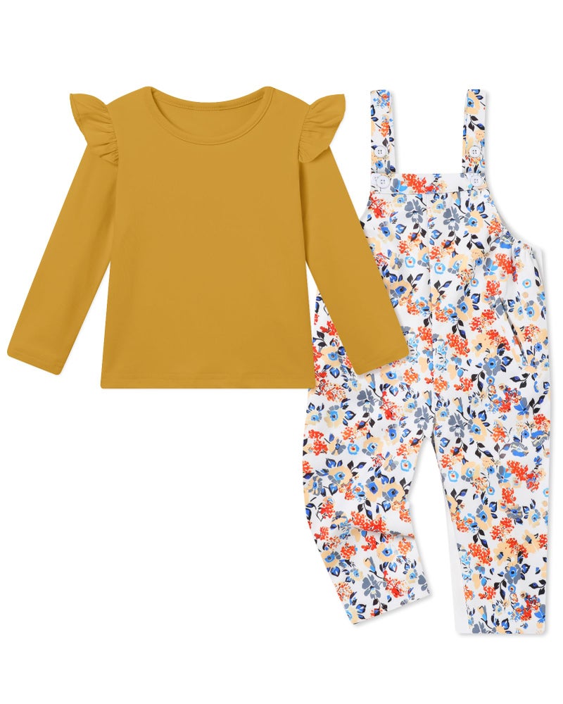 YUEMION Toddler Girl Clothes 2Pcs Baby Girl Outfit Fall Winter Clothing Floral Long Sleeve Top+ Overall Pants Set (Yellow, 2-3T) - Image 1