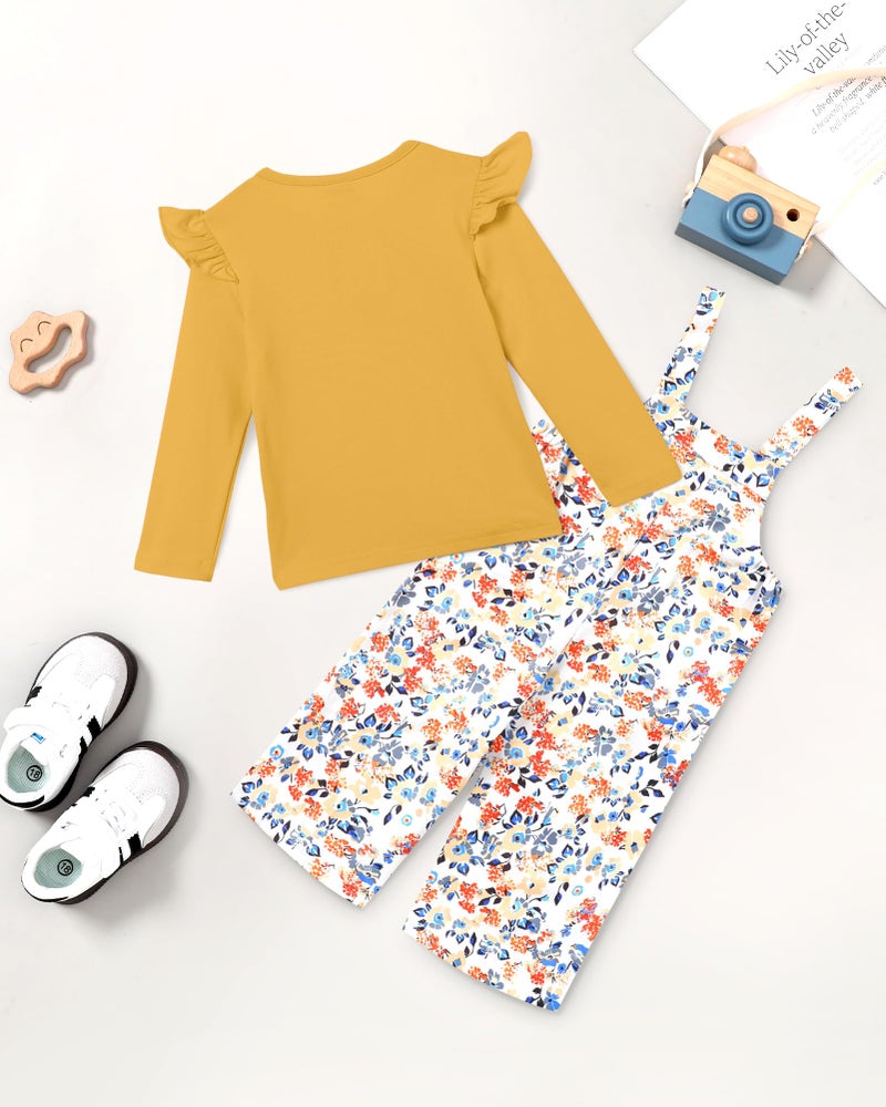 YUEMION Toddler Girl Clothes 2Pcs Baby Girl Outfit Fall Winter Clothing Floral Long Sleeve Top+ Overall Pants Set (Yellow, 2-3T) - Image 4