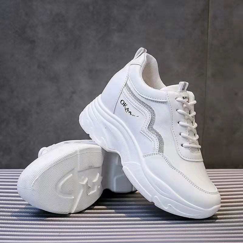 Torre Shoes Womens Trendy Shoes Thick Sole Height Increasing All-match 202 New Spring and Summer Height Increasing Casual Sports White Shoes R8 Silver one yard smaller - Image 1