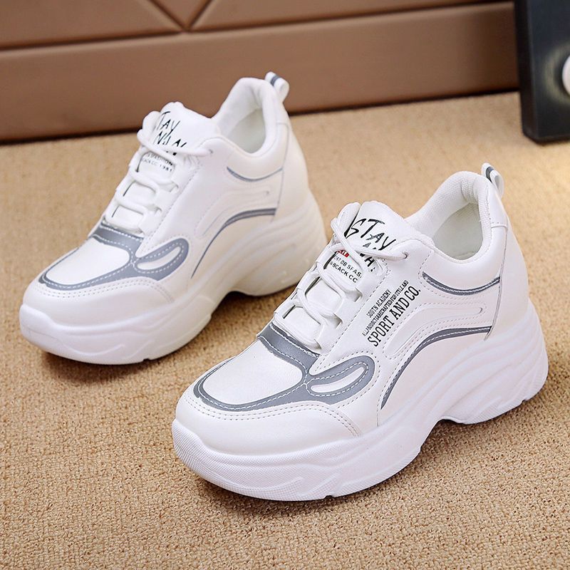 Torre Shoes Womens Trendy Shoes Thick Sole Height Increasing All-match 202 New Spring and Summer Height Increasing Casual Sports White Shoes R8 Silver one yard smaller - Image 3