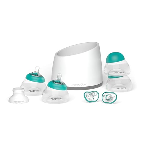 NANOBÉBÉ Nanobebe Breastmilk Baby Bottle Anti-Colic Starter Set with Silicone Pacifiers, Breast Pump Adapter, and Slow Flow Nipples - 5 oz - Teal/Grey - Image 1