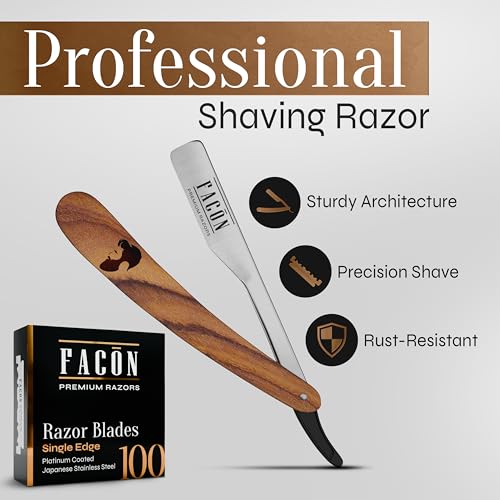 FACON Facón Straight Razors for Men - Professional Barber Straight Edge Razor Kit with 100 Blades, Wooden Stainless Steel Barbero Shaver for a Smooth & Precise Shave, Premium Barber Razor for Men's Shaving - Image 2