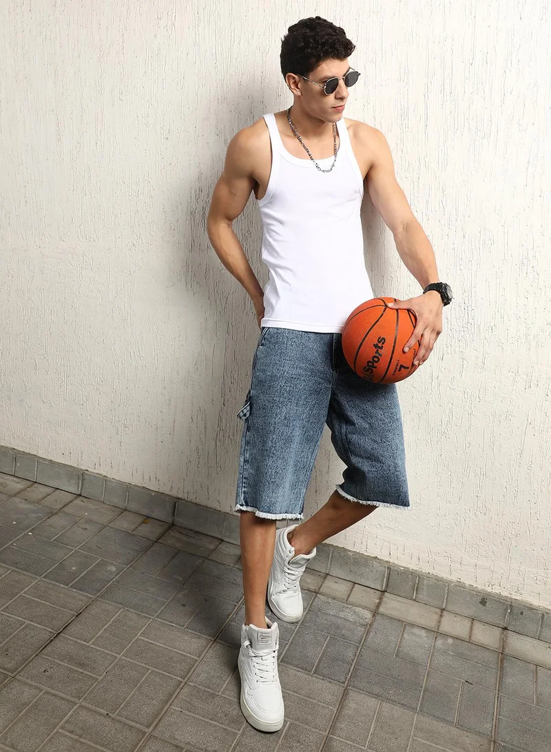 هوبرهولمي Men's Indigo 100% Cotton Bleached Cropped Length Cargo Loose Shorts