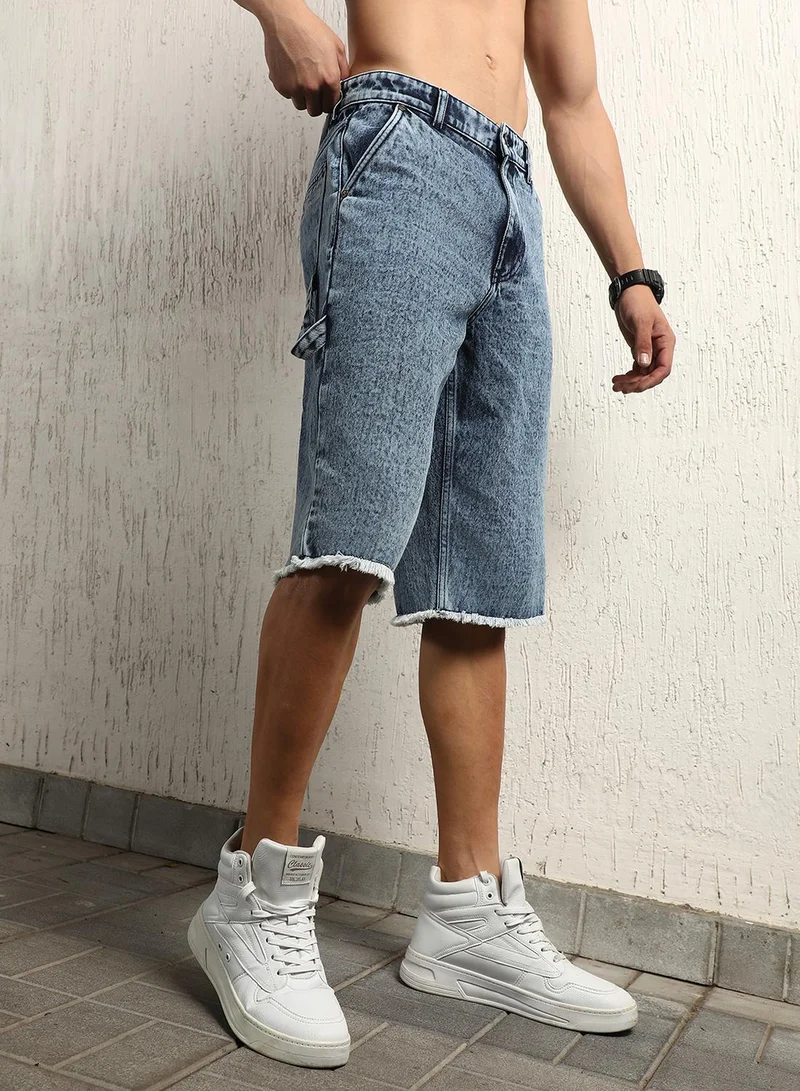 هوبرهولمي Men's Indigo 100% Cotton Bleached Cropped Length Cargo Loose Shorts