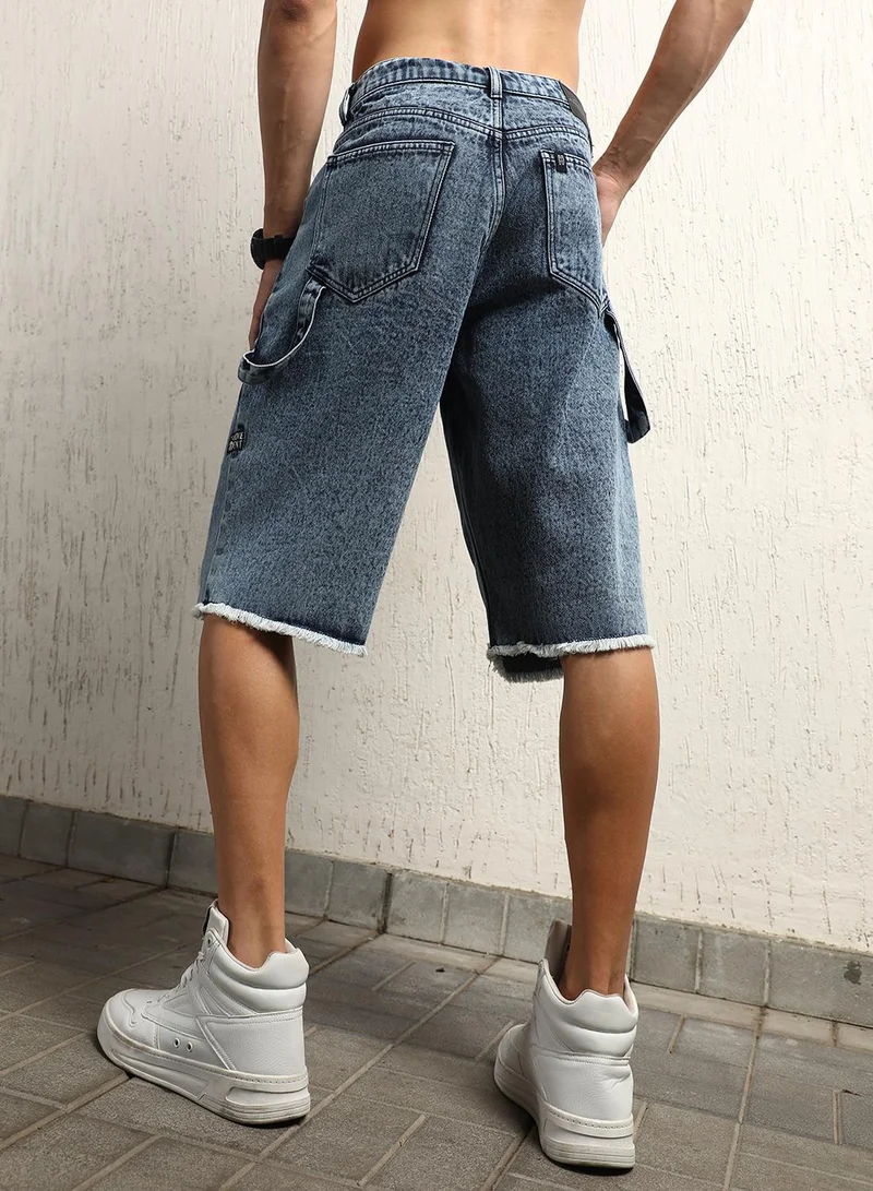 هوبرهولمي Men's Indigo 100% Cotton Bleached Cropped Length Cargo Loose Shorts
