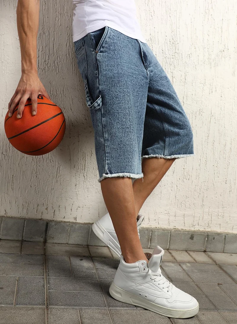 هوبرهولمي Men's Indigo 100% Cotton Bleached Cropped Length Cargo Loose Shorts