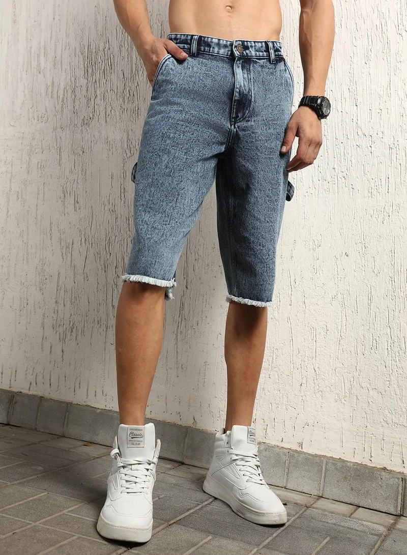 هوبرهولمي Men's Indigo 100% Cotton Bleached Cropped Length Cargo Loose Shorts