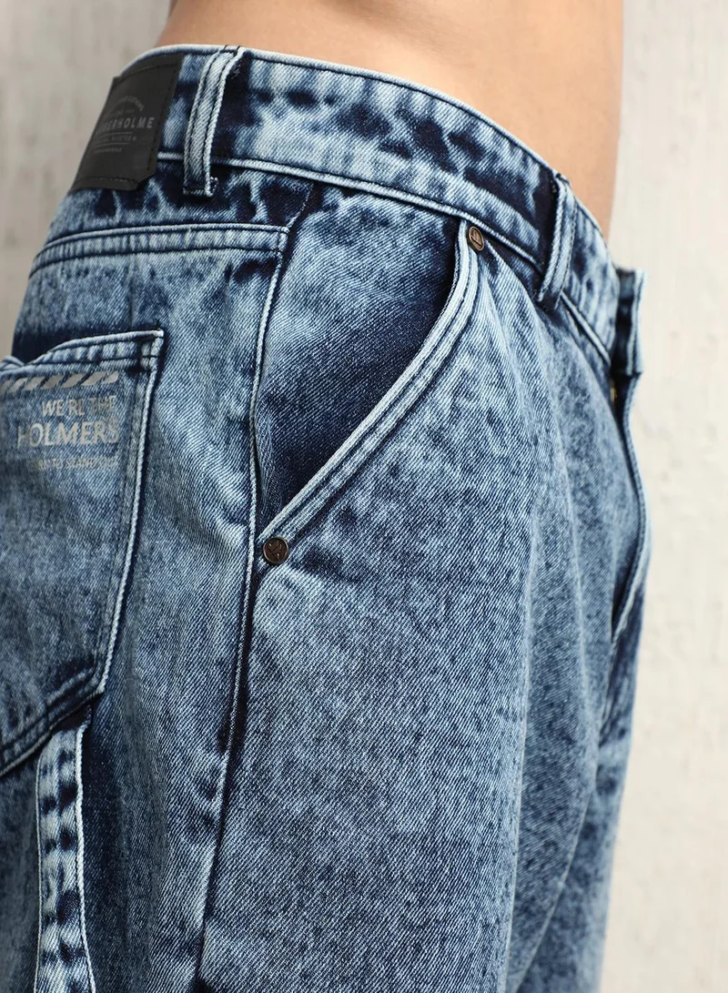 هوبرهولمي Men's Indigo 100% Cotton Bleached Cropped Length Cargo Loose Shorts