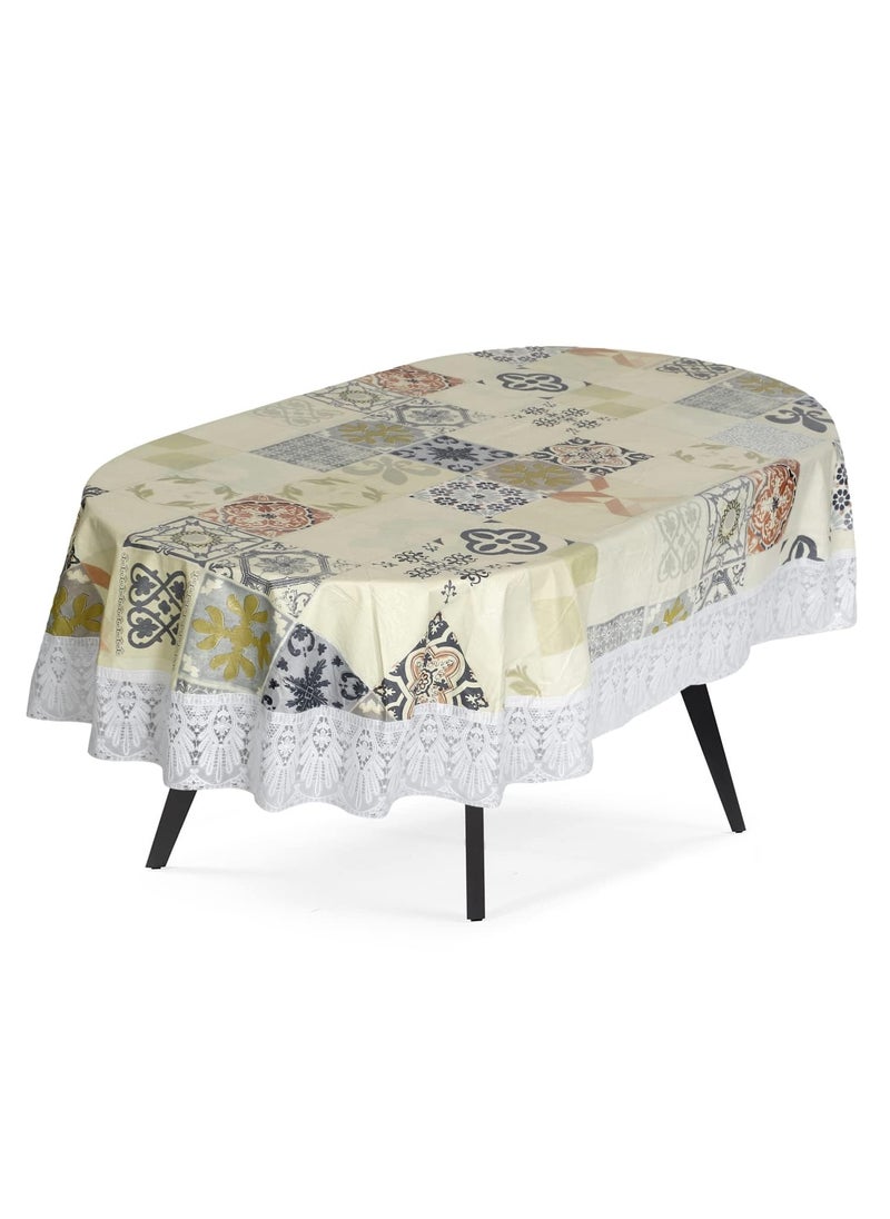 craft city CRAFT CITY PVC Waterproof 4-6 Seater Oval Dining Table Cover with White Border lace (Multicolour, 54x78 inches,Plastic, Pack of 1) (Mosaic Yellow)  - Image 1
