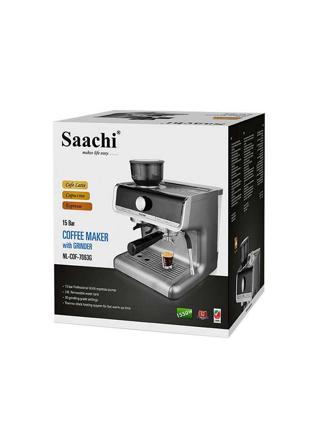 Saachi All-In-One Coffee Maker / Grinder to make Espresso, Cappuccino and Latte with 15 Bar Professional Steam Pressure Pump, 30 Grind Grade Settings and 2 Optional Filters 2.8 L 1550 W NL-COF-7063G-ST Grey/Black - Image 4