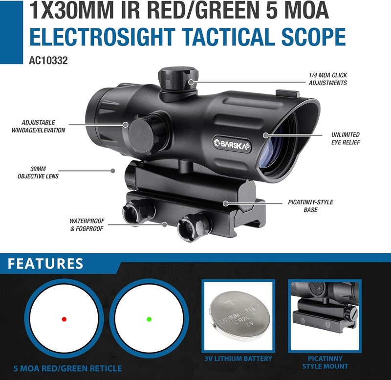BARSKA 1x30mm Red/Green Illuminated Dot Sight – Waterproof, Fogproof, 5 MOA Reticle - Image 3