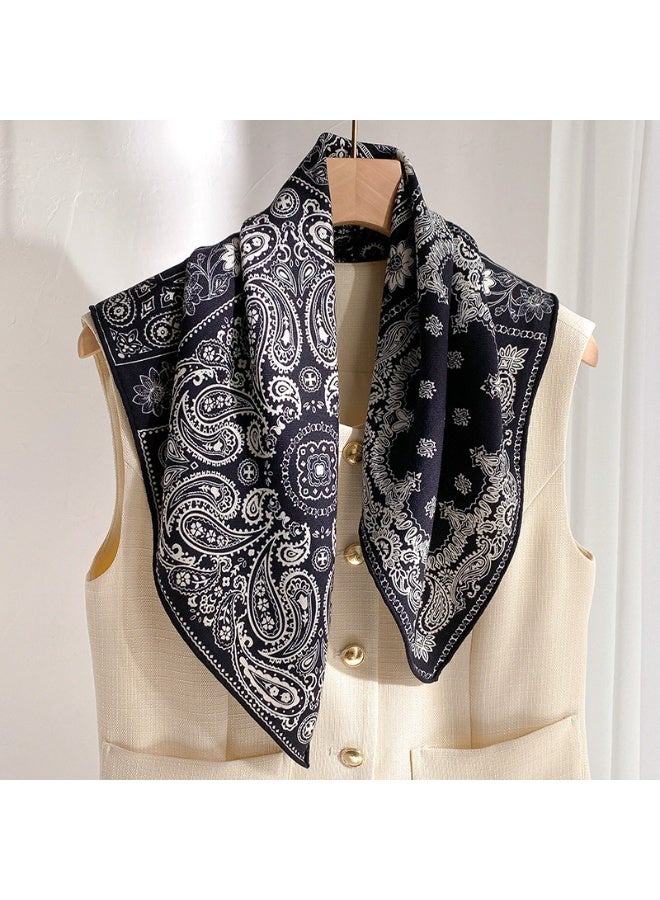 Handmade Silk & Wool Scarf, Black Base All Over Art Floral Print Pattern
