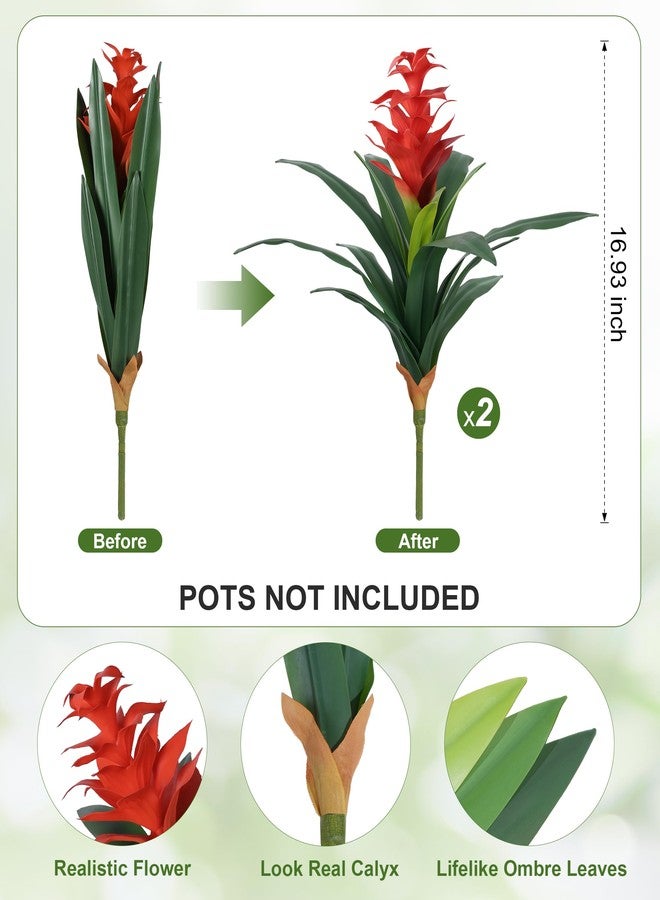 Ivydale Fake Flowers Plants for Outdoors, 2 Pcs 16.93" Bromeliad Artificial Flowers Uv Resistant Realistic Faux Flowers for Outdoor Planters Outside Porch Patio Yard Garden Indoor Decoration(Red) - Image 2