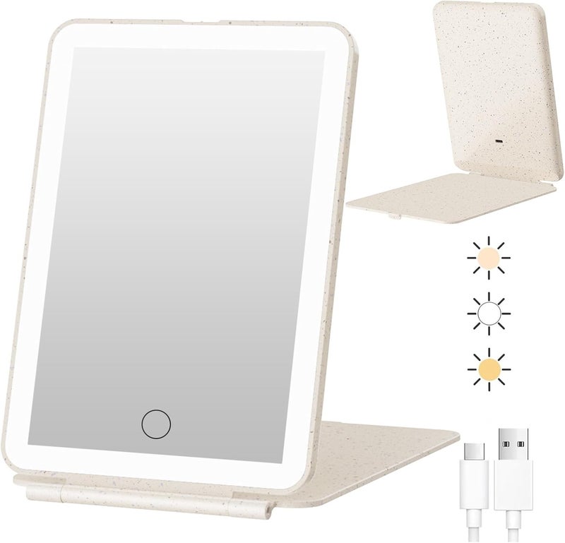 FUNTOUCH Rechargeable Travel Makeup Mirror with 72 Led Lights, Portable Lighted Makeup Mirror, 3 Color Lighting, Dimmable Touch Screen, Type C, Tabletop LED Folding Cosmetic Vanity Mirror - Image 1