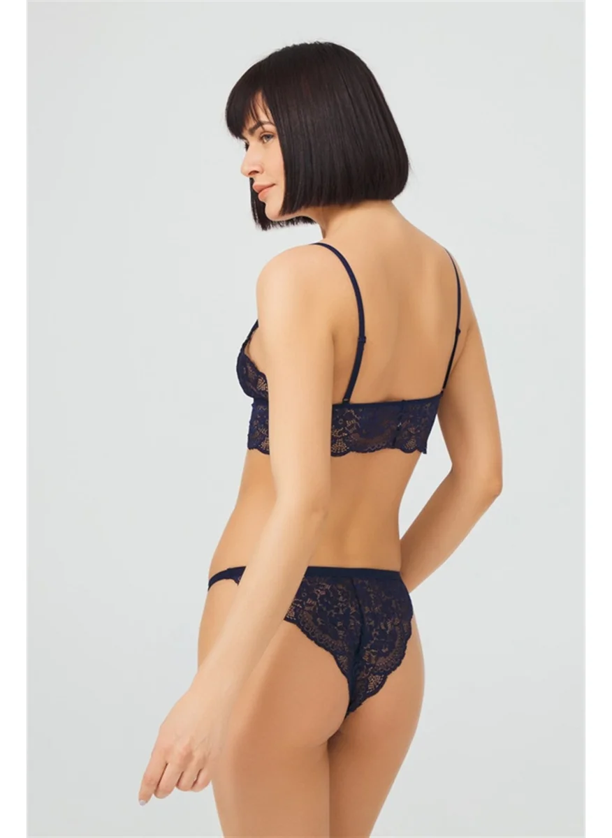 كوتن هيل Navy Blue Lace Transparent Non-Wireless Women's Bra Set