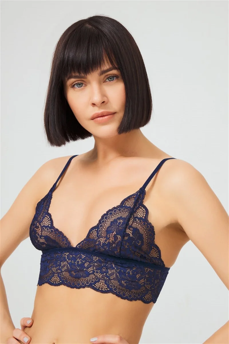 كوتن هيل Navy Blue Lace Transparent Non-Wireless Women's Bra Set