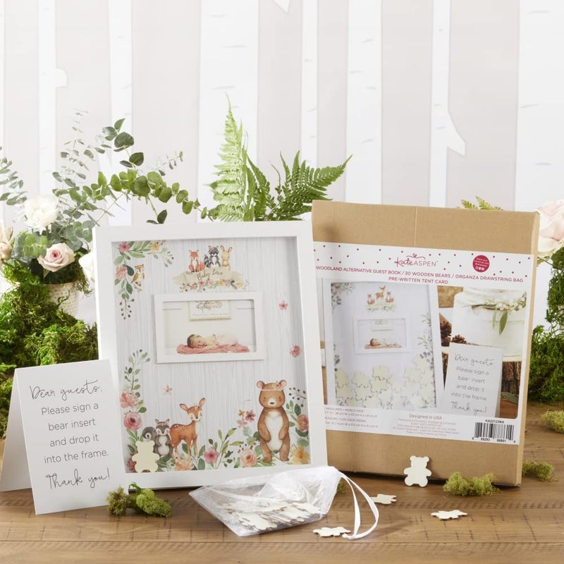 Kate Aspen Pink Woodland Baby Shower Decorations Guest Book Alternative with Wooden Teddy Bear Inserts, Woodland Nursery Decor - Image 2