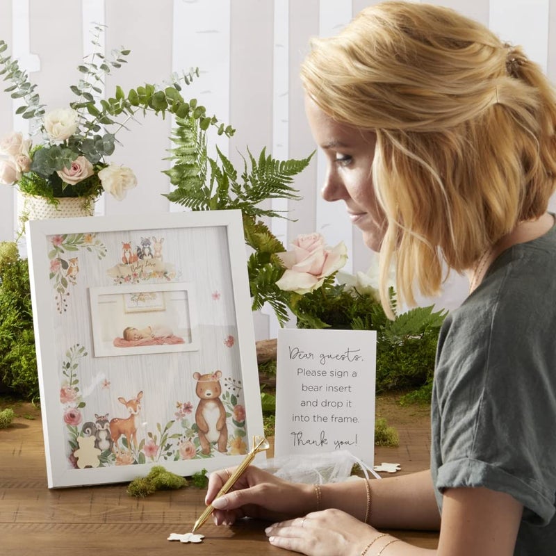 Kate Aspen Pink Woodland Baby Shower Decorations Guest Book Alternative with Wooden Teddy Bear Inserts, Woodland Nursery Decor - Image 1