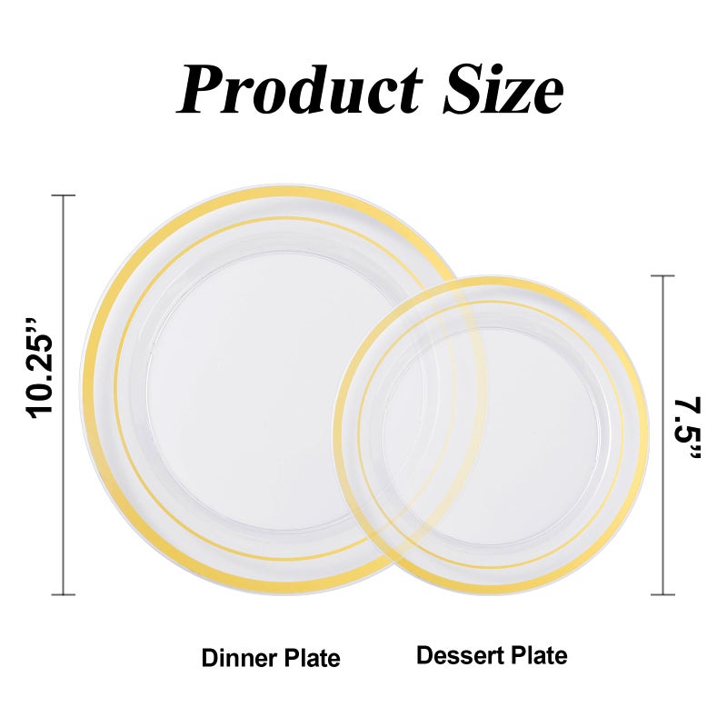 BESTSTAR 200PCS Clear Gold Plastic Plates Set, 100 10.25 inch Dinner Plates and 100 7.5 inch Dessert Plates, Disposable Plates for Party, Wedding - Image 2