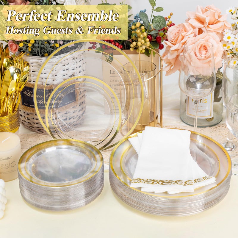 BESTSTAR 200PCS Clear Gold Plastic Plates Set, 100 10.25 inch Dinner Plates and 100 7.5 inch Dessert Plates, Disposable Plates for Party, Wedding - Image 3